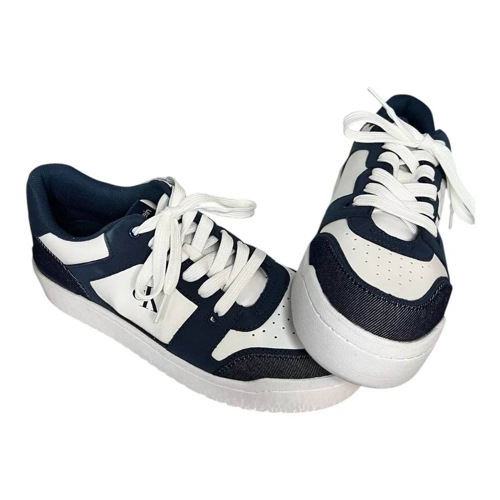 Calvin Klein Men's White Navy Leather Suede Trim Low Top Sneakers Size 11W